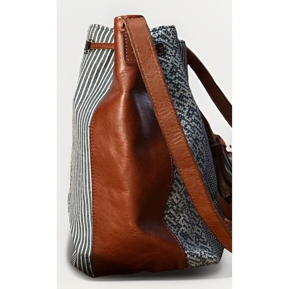 J. Jill Leather Fabric Bucket Large Tote Bag Boho Bag Brown Blue White - Picture 4 of 12